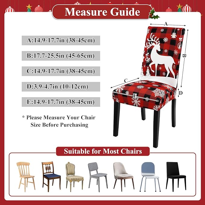 U'Artlines Christmas Chair Covers Set of 4, Removable Washable Merry Christmas Dining Chair Seat Covers Stretch Protector Slipcovers for Dining Room Kitchen Holiday Party Decor, Red Buffalo Plaid