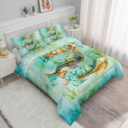 Datura home Sea Turtle Comforter Bedding Set for Kids Teens Adults,Watercolor Sea Turtle Light-Green and Blue Coral Seaweed Ocean Themed Comforter with 2 Pillowcases(Turtle Full),Green Turtle