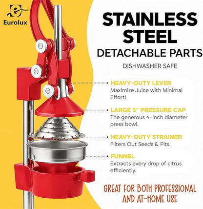 Eurolux Ultra-Premium Cast Iron Juicer | Extra-Large, Heavy Duty, Commercial Grade, Stainless Steel Manual Hand Press Citrus Squeezer For Fresh Orange Juice, Pomegranate, Lemon, and Much More (Red)
