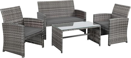 Shintenchi 4-Piece Outdoor Gray Wicker Patio Conversation Furniture Set, Rattan Patio Furniture Set with Weather Resistant Cushions and Tempered Glass Tabletop,Grey