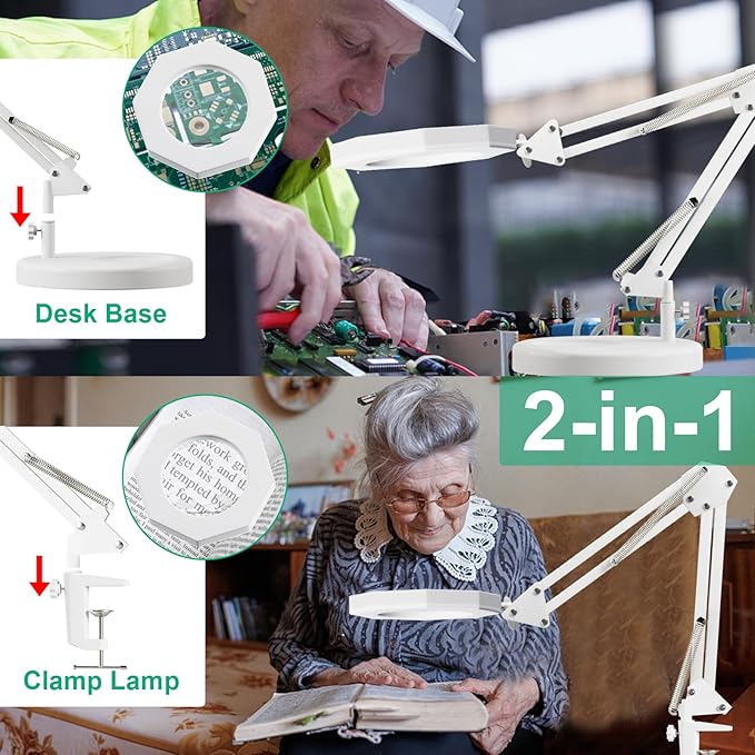 10X Magnifying Glass with Light Hand Free, HITTI 3 Color Stepless Dimmable Magnifying Lamp, 2-in-1 Lighted Deak Lamp & Clamp, Magnifier with Light and Stand for Crafts Reading Close Workbench Repair