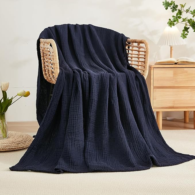 EMME Cotton Throw Blanket for Couch Soft Muslin Blankets 50"x60" Lightweight Breathable Blanket All Season Gauze, Navy