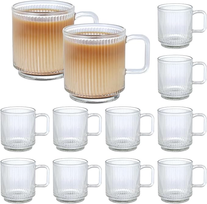 12 PACK Premium Glass Coffee Mugs with Handle, 12 OZ Classic Vertical Stripes Glass Coffee Cups, Transparent Tea Cup for Hot/Cold Beverages, Glassware Set for Americano, Latte, Cappuccino
