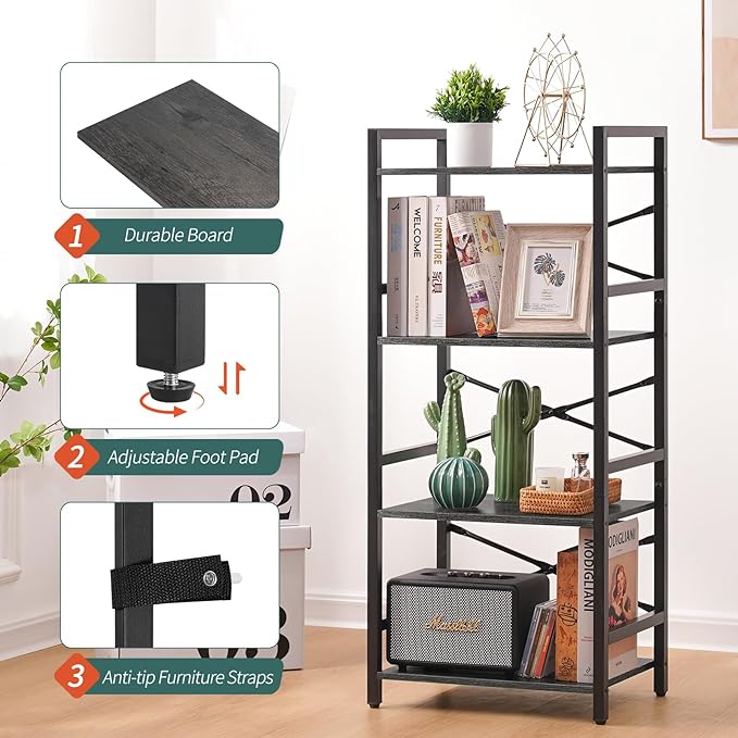 Yoobure 4 Tier Bookshelf - Small Book Shelf Industrial Bookcase, Narrow Book Case Book Storage Organizer for CD/Movie/Book, Bookshelves for Bedroom Office Living Room Charcoal Gray
