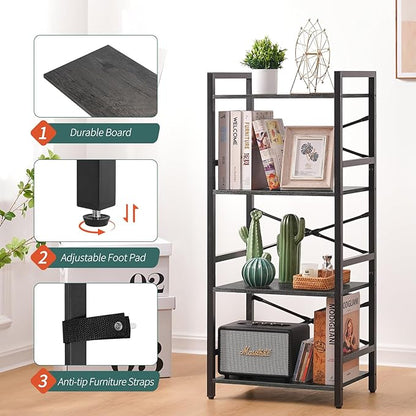 Yoobure 4 Tier Bookshelf - Small Book Shelf Industrial Bookcase, Narrow Book Case Book Storage Organizer for CD/Movie/Book, Bookshelves for Bedroom Office Living Room Charcoal Gray