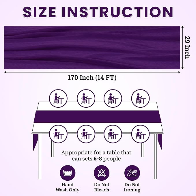 Pack of 12 | Purple | 14ft Chiffon Table Runner 29x170 Inches Long Romantic Rustic Sheer Gauze Runner for Wedding Bridal Shower Birthday Banquets Engagement Spring Easter Boho Decorations