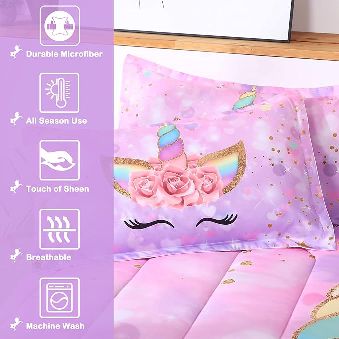 Unicorn Kid's Comforter Set 3pc Pink Flower Girl Soft Unicorn Bedding Sets