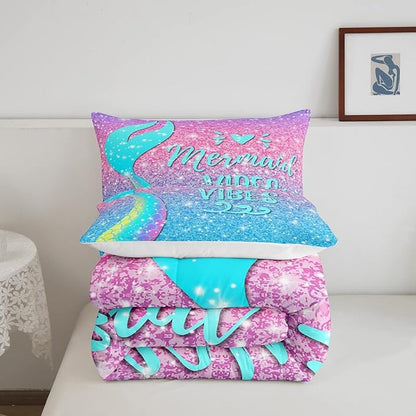 Girls Mermaid Tail Comforter Set Queen Kawaii Coastal Fish Scales Bedding Set Glitter Star Galaxy Comforter Blue Pink Pastel Ombre Set Princess Bed Set Ocean Animal Quilt Duvet 2 Pillowcases Teal