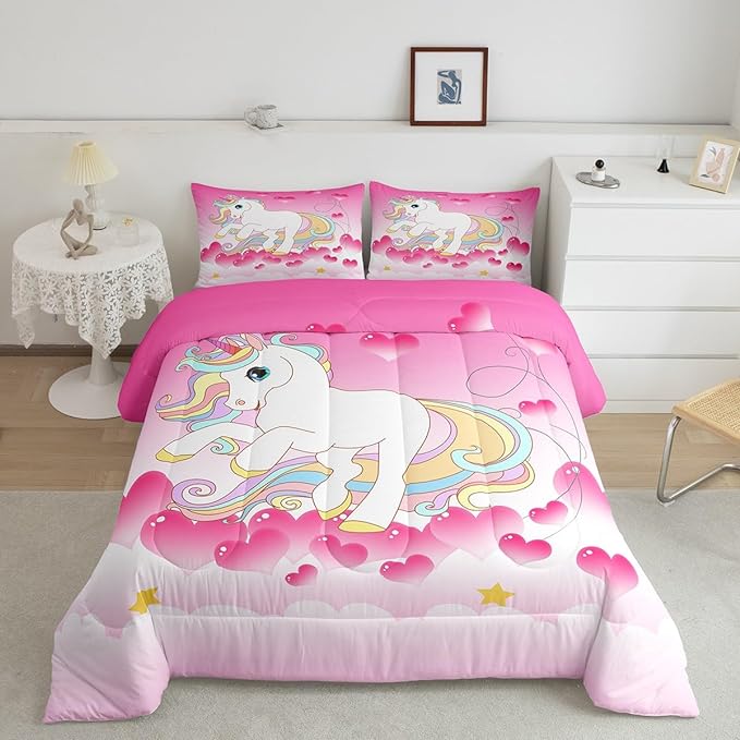 Girls Unicorn Comforter Set Queen Girly Fantasy Rainbow Unicorn Bedding Set for Kids Little Girls, Pink Love Heart Duvet Sets Dreamy Horse Cartoon Magical Animal Down Comforter with 2 Pillowcases