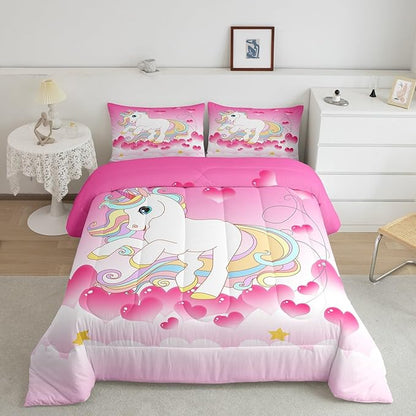 Girls Unicorn Comforter Set Queen Girly Fantasy Rainbow Unicorn Bedding Set for Kids Little Girls, Pink Love Heart Duvet Sets Dreamy Horse Cartoon Magical Animal Down Comforter with 2 Pillowcases