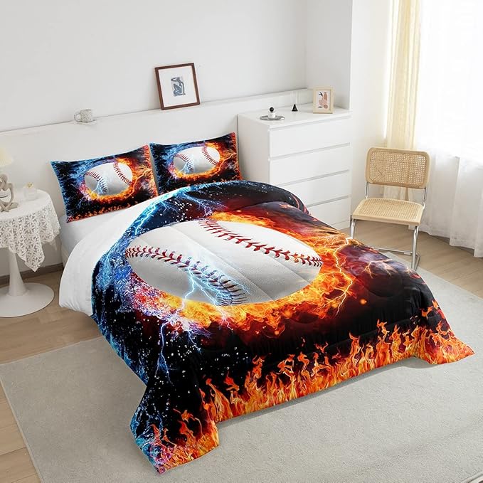 Baseball Comforter Set Full Size Sports Theme Down Comforter Kids Teens Boys Fire and Ice Sports Baseball Quilted Duvet,Decoration 3 Pcs Bedding Comforters (1 Comforter Set +2 Pillowcases) Red Blue