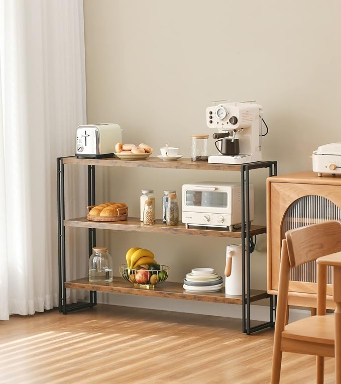 3-Tier Rustic Wood and Metal Industrial Bookcase - 40in, For Home Office, Bedroom, Kitchen, Bathroom