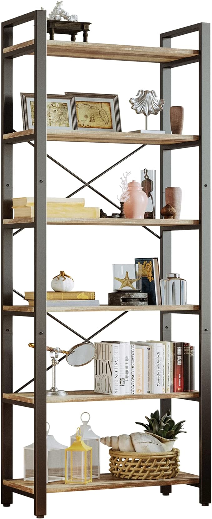 IRONCK Bookshelf 6-Tier Ladder Shelf 110lbs/shelf Display Shelf Vintage Industrial Style Bookcase for Home Office, Living Room