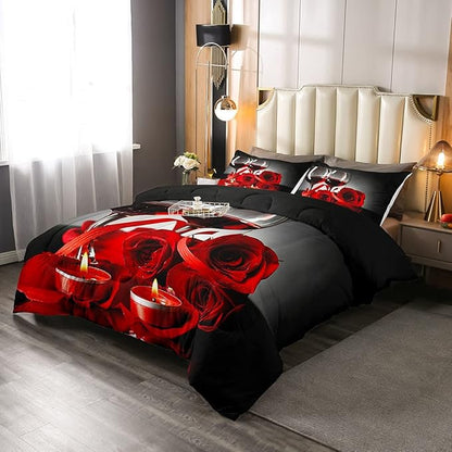 Erosebridal Rose Wine Glass Comforter Set for Girls Red Black Rose Bedding Set Full Size Floral Blossom Quilt Set Banquet Flower Romantic Valentine's Day Duvet Set, Women Men Adult Grey Comforter Set