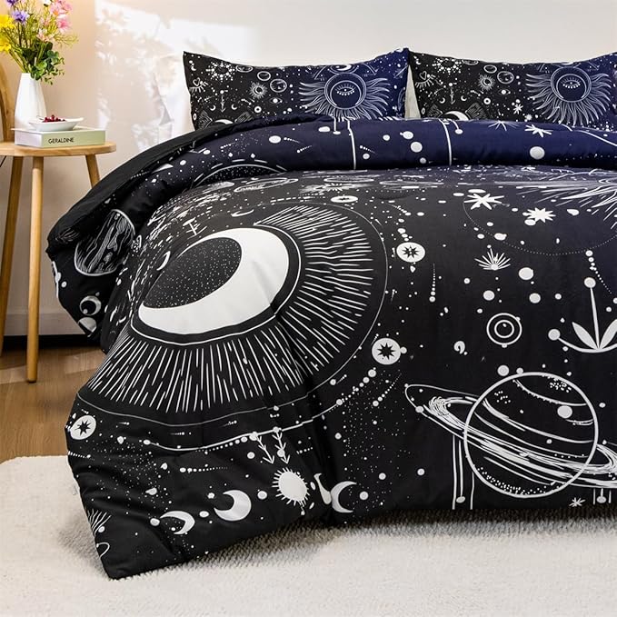 Holawakaka Stars Moon Constellation Print Comforter Set Queen Size Girls Boys Witchy Astrology Zodiac Celestial Bedding Set (Navy Blue, Queen)