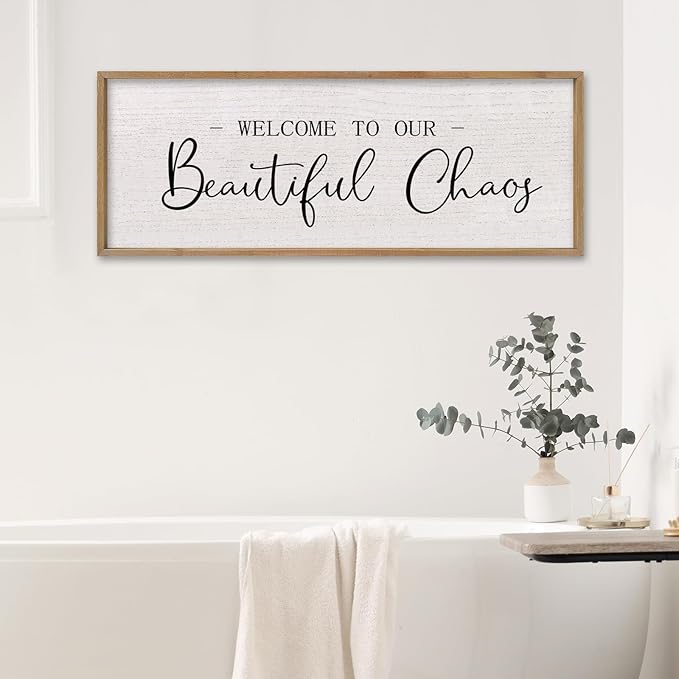 comurdyo Welcome To Our Beautiful Chaos Wall Decor Art 40"X15" for Home Entryway Sign Large Wood Framed Wall Hanging (Wood)
