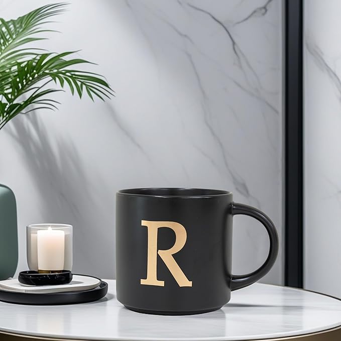 COLLECTIVE HOME - Monogram Ceramic Mugs, 15 oz Golden Initial Black Coffee Cups, Elegant Alphabet Tea Mugs, Elegant Personalized Mug with Gift Box, Unique Mug with Double Side Capital Lette (R)