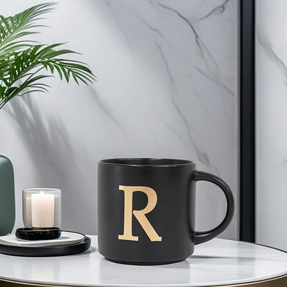 COLLECTIVE HOME - Monogram Ceramic Mugs, 15 oz Golden Initial Black Coffee Cups, Elegant Alphabet Tea Mugs, Elegant Personalized Mug with Gift Box, Unique Mug with Double Side Capital Lette (R)