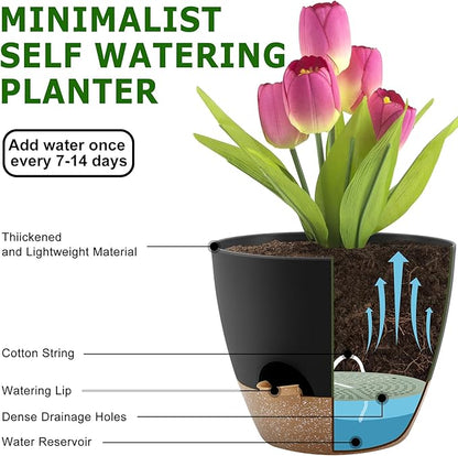 Plant Pots 12/10/9 Inch Self Watering Pots, Set of 3 Plastic Planters with Drainage Holes and Saucers,Plastic Flower Pots,Nursery Planting Pot for Indoor Out Door Plants(Black)