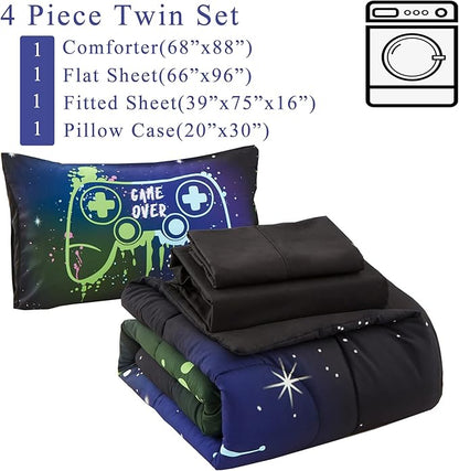 Kids Gaming Bedding Sets Twin Size for Boys Teen, 4 Piece Bed in a Bag Gamer Comforter Set with Sheets, 3D Colorful Video Game Controller Comforter, All Season Soft Microfiber Bed Set(Blue,Twin)
