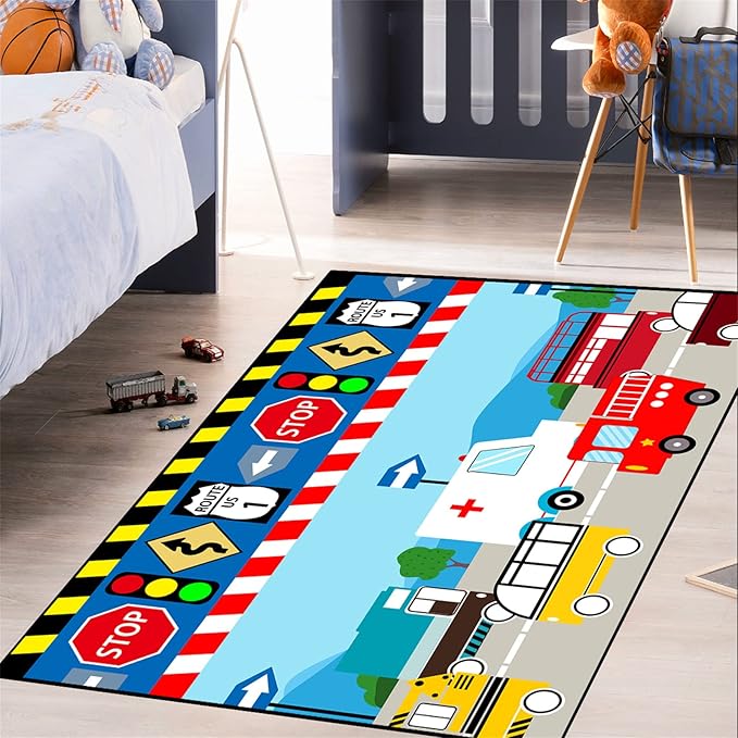 Cartoon Ambulance Car Area Rug Car Carpet for Kids Play Rug for Cars and Trucks Car Rug Play Mat Car Track Rug Truck Rugs for Boys Room Rugs for Boys Bedroom,Light Blue 3'×5'