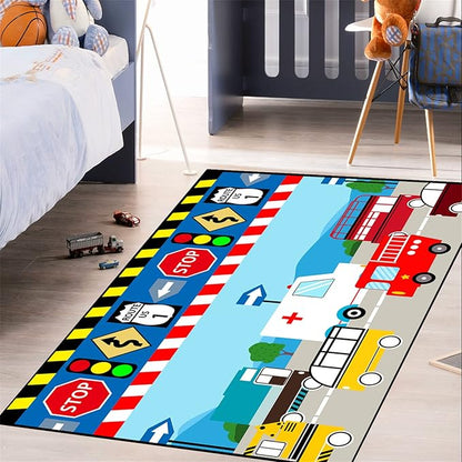 Cartoon Ambulance Car Area Rug Car Carpet for Kids Play Rug for Cars and Trucks Car Rug Play Mat Car Track Rug Truck Rugs for Boys Room Rugs for Boys Bedroom,Light Blue 3'×4'