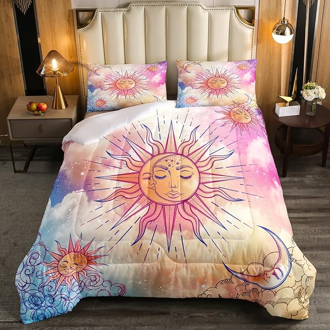 Sun and Moon Comforter Set King Stars Constellation Galaxy Bedding Set,Pink Blue Pastel Clouds Tie Dye Comforter for Kids Girls Women Boho Hippie Psychedelic Celestial Astrology Quilt Duvet Set 3 Pcs