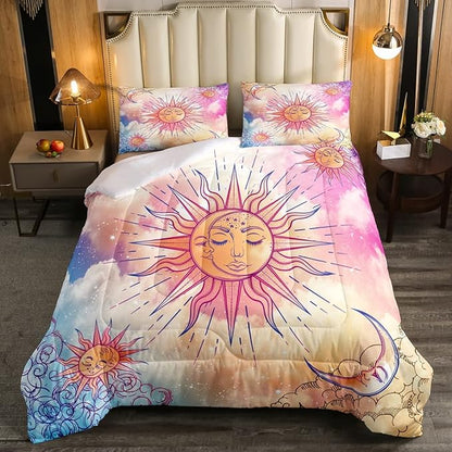 Sun and Moon Comforter Set Full Stars Constellation Galaxy Bedding Set,Pink Blue Pastel Clouds Tie Dye Comforter For Kids Girls Women Boho Hippie Psychedelic Celestial Astrology Quilt Duvet Set 3 Pcs