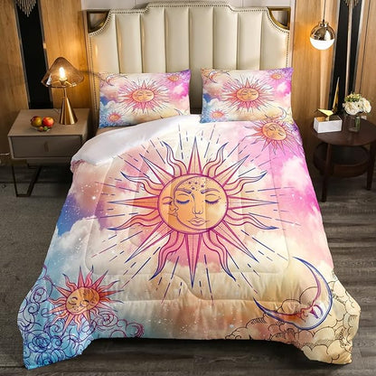 Sun and Moon Comforter Set Twin Stars Constellation Galaxy Bedding Set,Pink Blue Pastel Clouds Tie Dye Comforter For Kids Girls Women Boho Hippie Psychedelic Celestial Astrology Quilt Duvet Set 2 Pcs