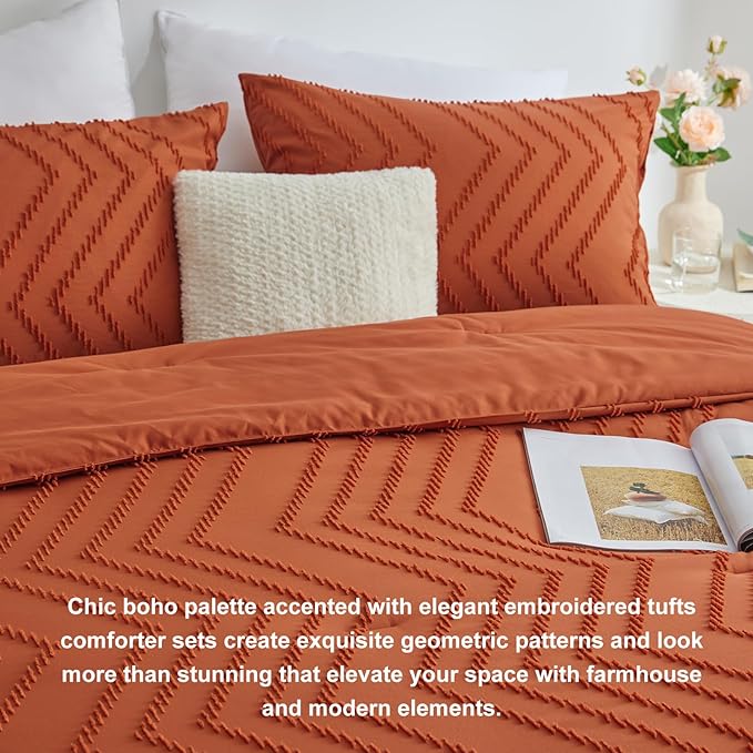 CozyLux Queen Comforter Set Burnt Orange - 3 Pieces Terracotta Boho Tufted Shabby Chic Bedding Comforter Set for All Seasons, Chevron Bedding Sets with Comforter & 2 Pillow Shams