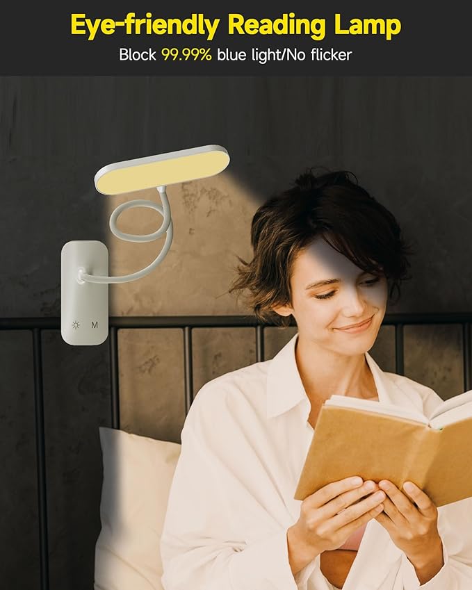 CUHIOY Desk Lamp with Clamp, Portable Cordless Rechargeable Clip on Reading Light, Eye-Caring LED Kid's Bunk Bed Light, 5 Colors 5 Brightness Flexible Neck Architect Lamp for Studying Crafting (White)