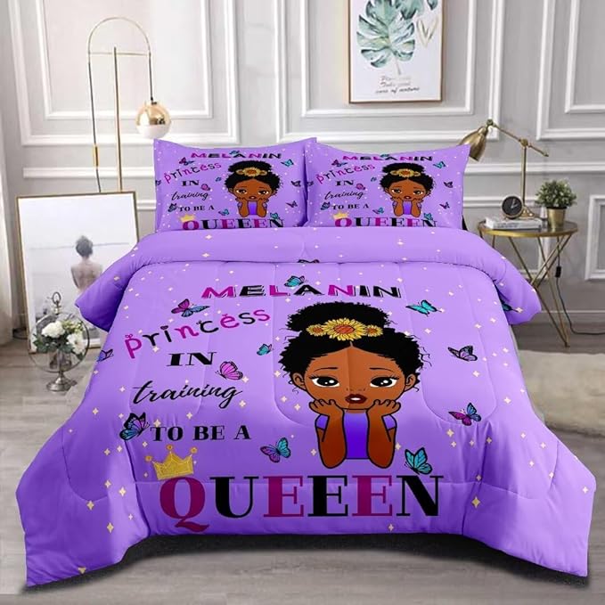 Black Girl Comforter Set Full for Kids,Black Girl Magic Bedding Set,African American Girl Inspirational Quotes Comforter Set,Black Princess Bed Bedroom Set