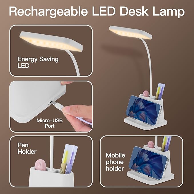 Desk Lamps for Home Office,3 Lighting Modes, Adjustable Brightness, Adjustable Gooseneck Reading Lamp,Rechargeable,Battery Operated Children's Eye Protection Learning Lamp with Pen Holder