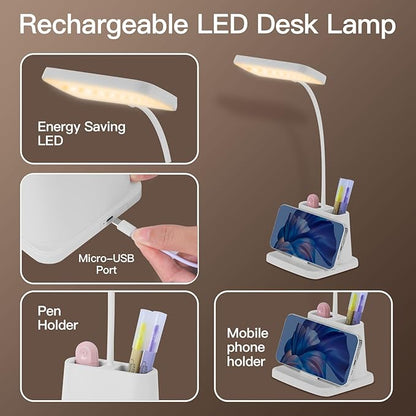 Desk Lamps for Home Office,3 Lighting Modes, Adjustable Brightness, Adjustable Gooseneck Reading Lamp,Rechargeable,Battery Operated Children's Eye Protection Learning Lamp with Pen Holder