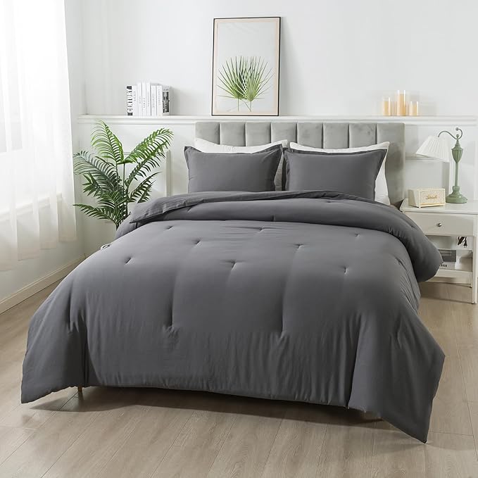 Dark Gray Comforter Set Queen, Solid Grey Down Alternative Bedding Comforter Set, Breathable Fluffy Microfiber Comforter Set (90"x90") for All Seasons with Pillowcase…