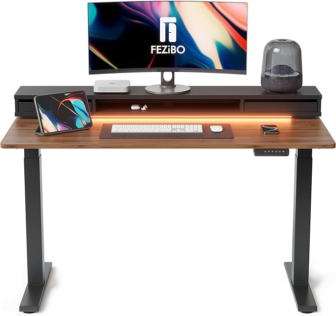 FEZIBO 60 x 24 Inch Height Adjustable Electric Standing Desk with Double Drawers, Stand Up Desk with LED Strips, Sit Stand Desk with Monitor Stand, Blcak Walnut