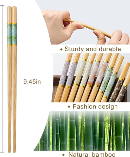 10Pairs Bamboo Chopstick Reusable Wooden Chop Sticks Washable Chinese Style 9.5Inch