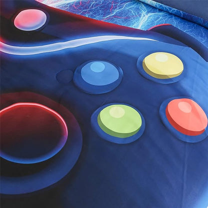 Meeting Story Gamer Gaming Bedding Sets Red-Blue Lightnings Gamepad Comforter Set for Boys Games Console Action Buttons Novelty Colorful Modern Room Decor Home Quilt Set (Red-Blue, Full)