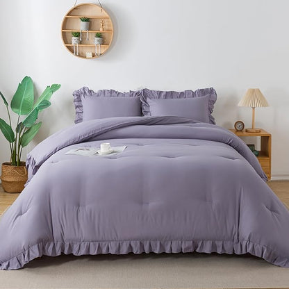 Andency Grayish Purple California King Comforter Set, 3 Pieces Cal King Ruffle Purple Comforter, Lightweight Oversized Farmhouse Shabby Chic Soft Microfiber Bedding Comforter Set (104x96Inch)