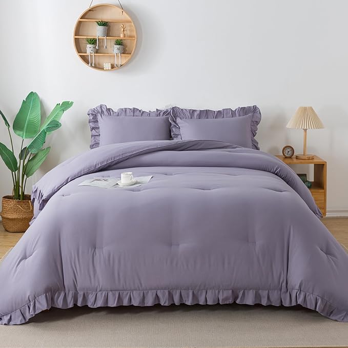 Andency Greyish Lavender Purple Full Size Comforter Set, 3 Pieces(1 Ruffle Comforter and 2 Pillowcases) Lightweight Fluffy Bedding Comforter Sets Full Bed, All Season Soft Microfiber Bedding Set