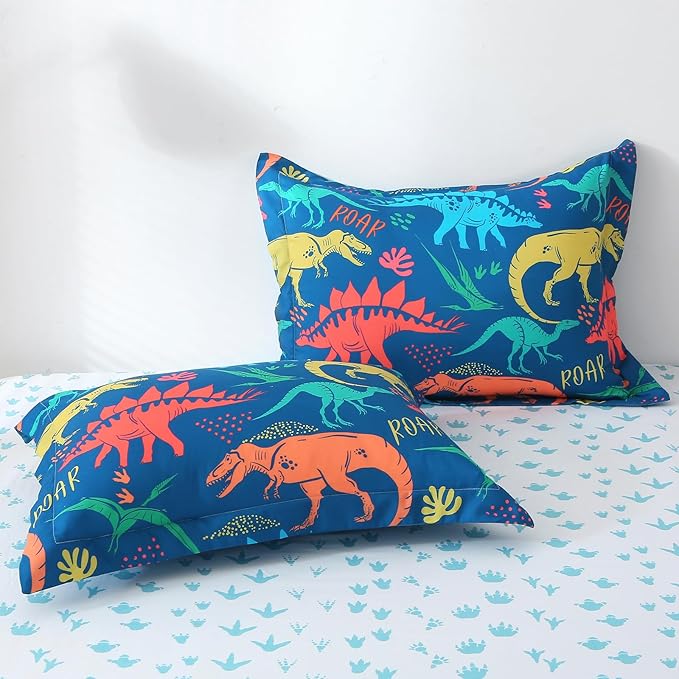 Wajade Boys Dinosaur Comforter Set Bed in A Bag Queen Size 7 Piece 3D Blue Dinosaur Print Bedding Set for Kids Teens(1 Comforter, 1 Flat Sheet, 1 Fitted Sheet, 2 Pillowcase and 2 Pillow Sham)