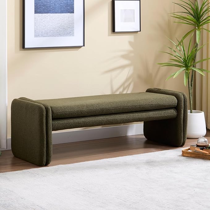 Green Boucle Bench 50" Sherpa End of Bed Bench Modern Upholstered Bench for Bedroom Entryway Living Room Vanity Makeup Room, Teddy Fabric Bench with Seating