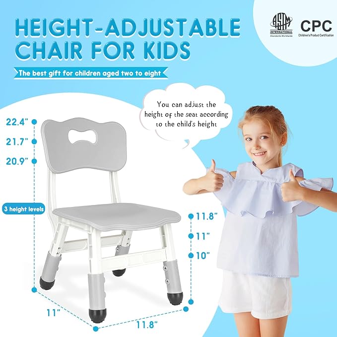 Kids Chair Height Adjustable Toddler Chair Max Load 220LBS Plastic Indoor Outdoor Chair for Children Age 1-6 School Home Daycare Use Grey