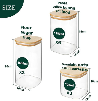 LIBWYS 12-Pack Glass Pantry Storage Jars with Bamboo Lids(0.76/1.22/1.67Qt) | Stackable Dry Food Containers for Pantry Organization, Coffee, Flour, Snacks, Tea, Pasta, Spaghetti | Kitchen Canisters Set