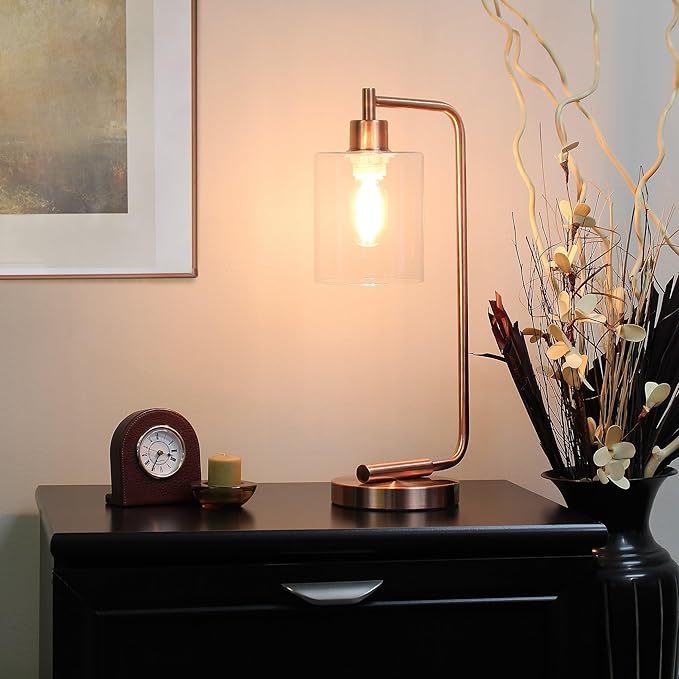 Simple Designs LD1036-RGD-LB 18.8" Industrial Bronson Antique Style Iron Lantern Desk Table Lamp with Glass Shade for Home Décor, Office, Living Room, Bedroom, Rose Gold, with Feit LED Bulb Included