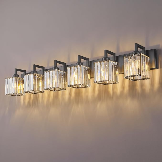 Modern Crystal Bathroom Vanity Light 6-Lights Black Modern Crystal Wall Lamp Bathroom Modern Crystal Vanity Lighting