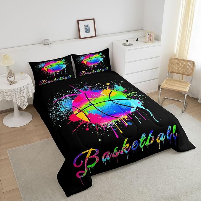 Feelyou Kids Basketball Comforter Set King Size Gaming Sports Bedding Set for Boys Girls Teens Bedroom Decor Ball Games Tie Dye Comforter Gift for Basketball Lover Duvet Set with 2 Pillow Case