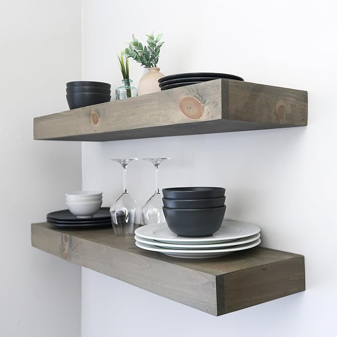 Modern Floating Shelves 3 Inches Thick for Wall, Wide Shelves for Kitchen, Living Room, Bedroom, and Bathroom, Natural Pine Wood, Rustic Wooden Shelf, (Set of 2) (Aged Barrel, 36Lx3Hx6D)