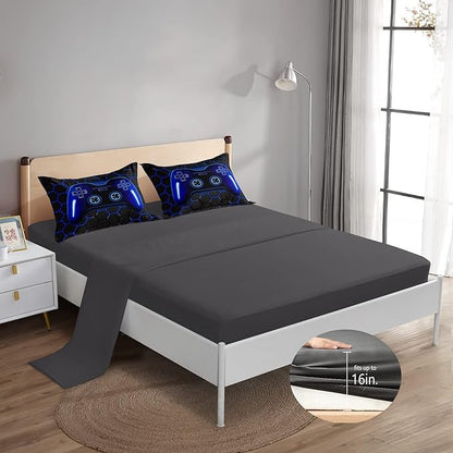 6 Pieces Bed in A Bag Gamer Bedding Set for Boys Kids Adult Gaming Comforters Set,Boys Bed in A Bag Set Full Size Comforter with Fitted Shee Flat Sheet Pillowcase pillowsham,DJTH5025Full