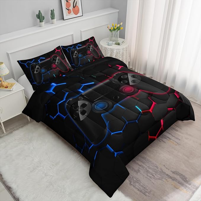 Axolotl Gamer Comforter Sets Full,Geometric Honeycomb Gaming Bedding Sets,Video Games Comforter,Gaming Bedding Set,Game Console Comforter Set for Kids Boys Girls Teens,1 Quilt 2 Pillowcases,Blue Red